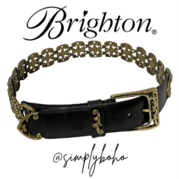 Brighton Black Leather Belt Antique Gold Open Scrollwork Panel Links Size MEDIUM main image 2